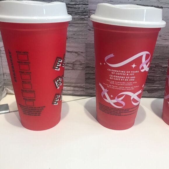 STARBUCKS 2013 Coffee 16oz Tumbler Cup Mug Red Plastic Reusable Cup set of 4 - Picture 4 of 5